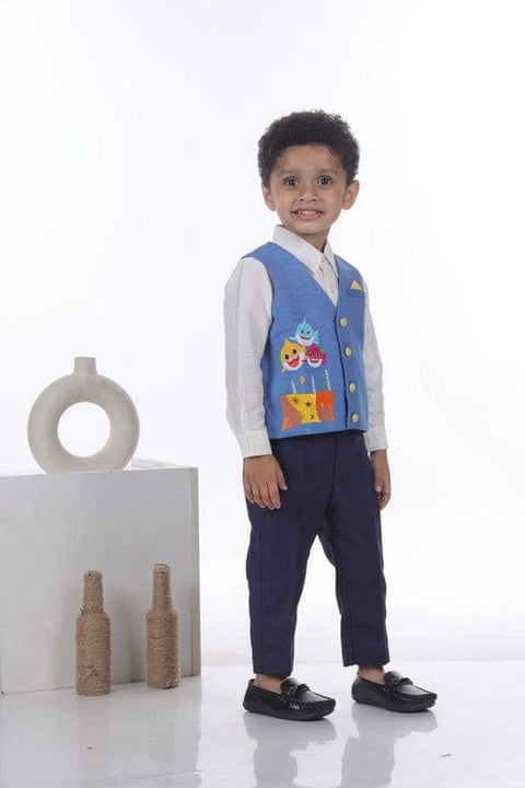 Pre-Order: White Shirt/Navy Blue Pant/Baby Shark Embroidery waist Coat with Bow Tie Set