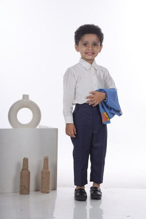 Pre-Order: White Shirt/Navy Blue Pant/Baby Shark Embroidery waist Coat with Bow Tie Set