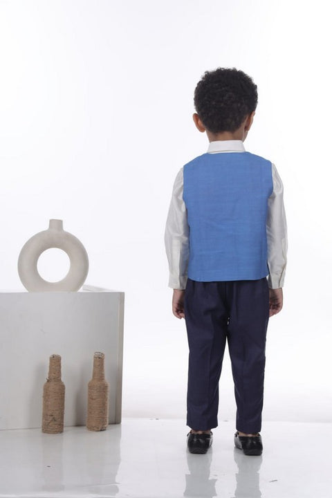 Pre-Order: White Shirt/Navy Blue Pant/Baby Shark Embroidery waist Coat with Bow Tie Set