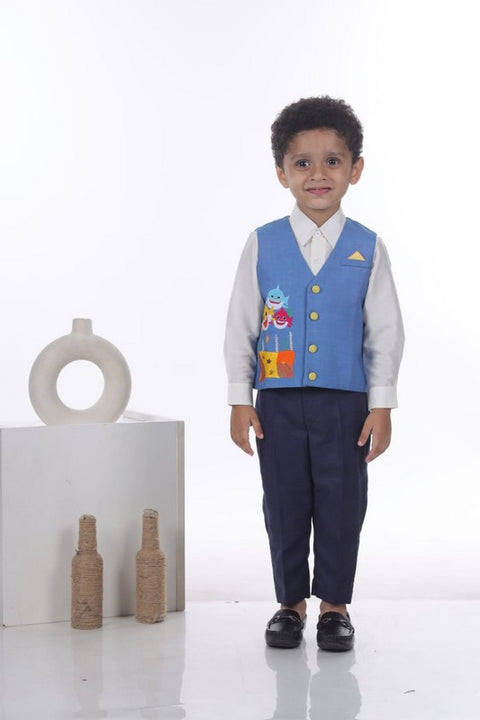 Pre-Order: White Shirt/Navy Blue Pant/Baby Shark Embroidery waist Coat with Bow Tie Set