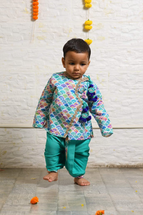 Pre-Order: Colourful Printed Krishna Dress with Green Dhoti Set