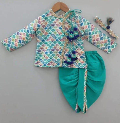 Pre-Order: Colourful Printed Krishna Dress with Green Dhoti Set