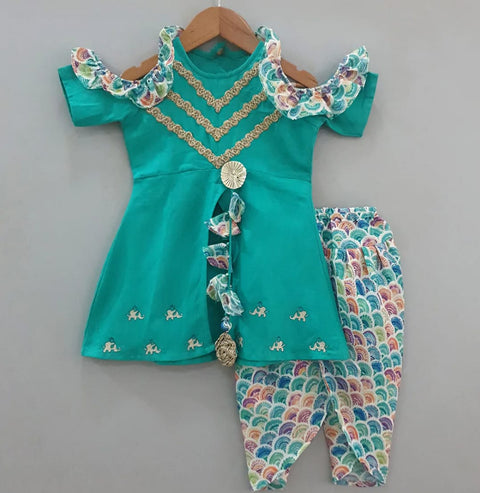 Pre-Order: Peacock Green Top with Colourful Dhoti Pant Set