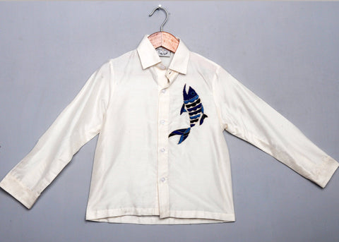 Pre-Order: White Full Shirt with Hand Fish Embroidery