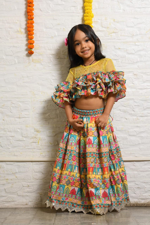 Pre-Order: Multi Colour Multi Layer Frill Blouse with Multi Colour Ghagra