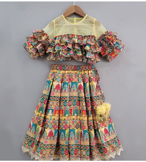 Pre-Order: Multi Colour Multi Layer Frill Blouse with Multi Colour Ghagra