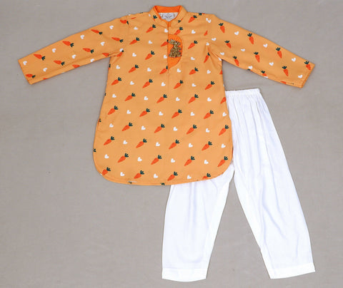 Pre-Order: Orange Carrot Print Kurta with Salwar Set