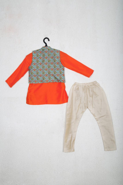 Pre-Order: Orange Plain Kurta With Printed Embroidered Open Jacket and Churidar