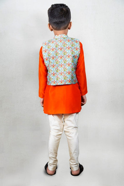 Pre-Order: Orange Plain Kurta With Printed Embroidered Open Jacket and Churidar