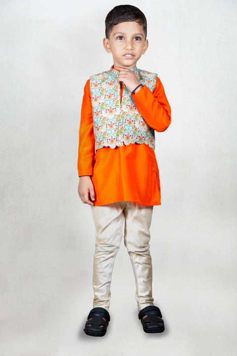 Pre-Order: Orange Plain Kurta With Printed Embroidered Open Jacket and Churidar