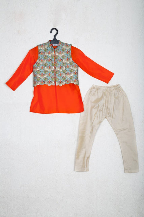 Pre-Order: Orange Plain Kurta With Printed Embroidered Open Jacket and Churidar