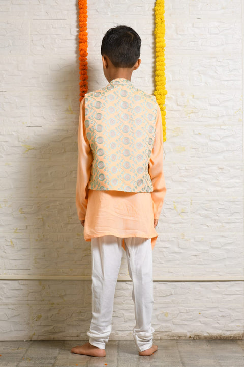 Pre-Order: Peach Drape Kurta with Heavy Embroidered Asymmetrical Jacket Set