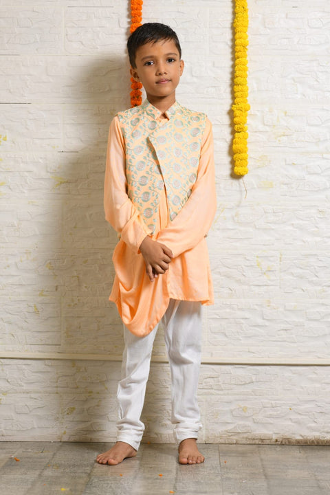 Pre-Order: Peach Drape Kurta with Heavy Embroidered Asymmetrical Jacket Set