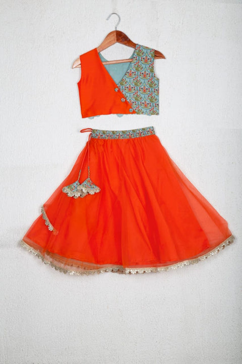 Pre-Order: Printed And Embroidered Stylish Blouse With 2 Fabric Back With Stylish Layered Ghagara