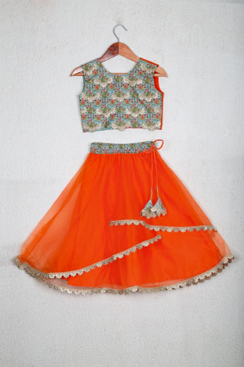 Pre-Order: Printed And Embroidered Stylish Blouse With 2 Fabric Back With Stylish Layered Ghagara