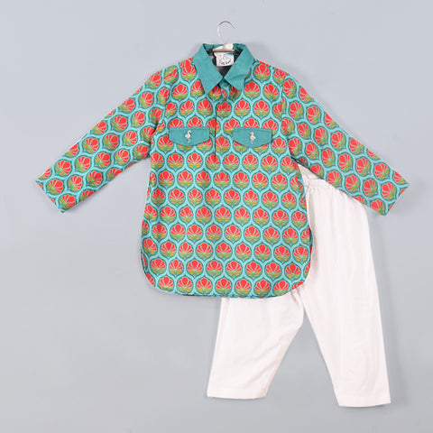 Pre-Order: Printed Flower Flamingo Pathani with Salwar Set