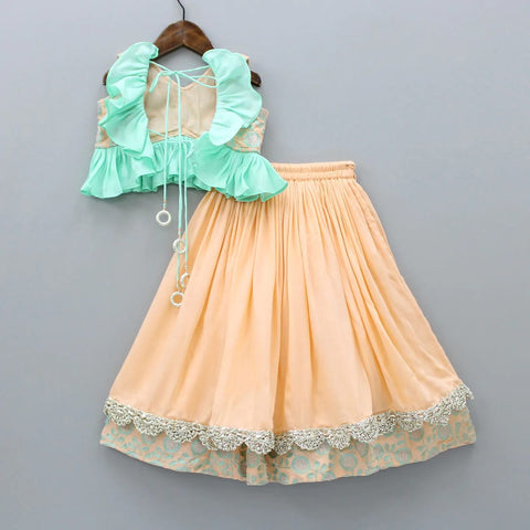 Pre-Order: Peach and Aqua Green Heavy Embroidered Blouse and Ghagra Set