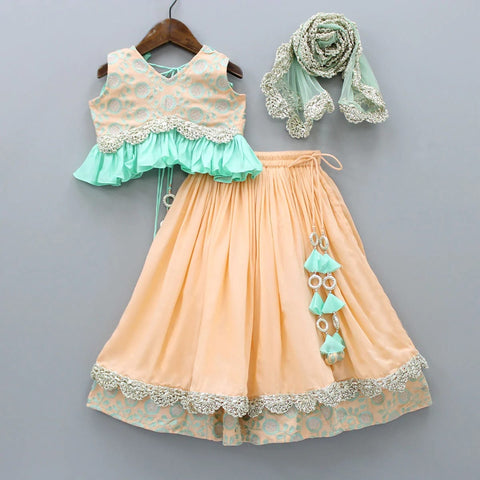 Pre-Order: Peach and Aqua Green Heavy Embroidered Blouse and Ghagra Set