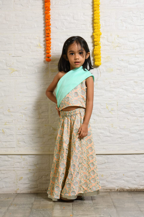 Pre-Order: Peach and Aqua Green Heavy Embroidered Stylish Top Ghagra Set