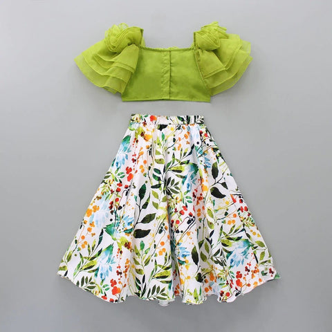 Pre-Order: Pista Green Ruffle Blouse with Leafy Printed Ghagra with Pouch Set