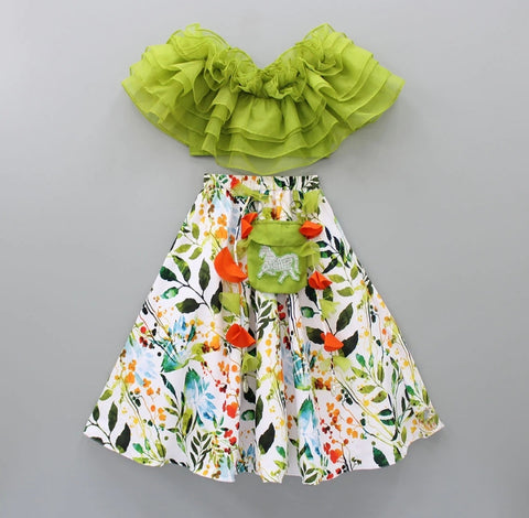 Pre-Order: Pista Green Ruffle Blouse with Leafy Printed Ghagra with Pouch Set