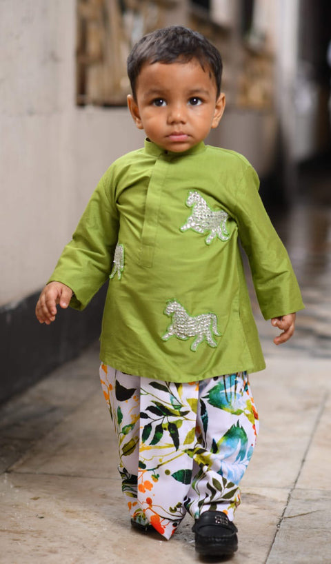 Pre-Order: Pista Green Hand Embroidery Kurta with Leafy Printed Dhoti Set