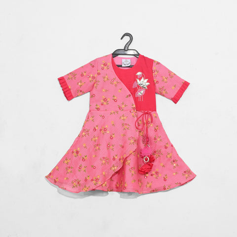 Pre-Order: Pink Printed Asymmetrical Kota Dress with Hand Sequence and Gota Embroidery
