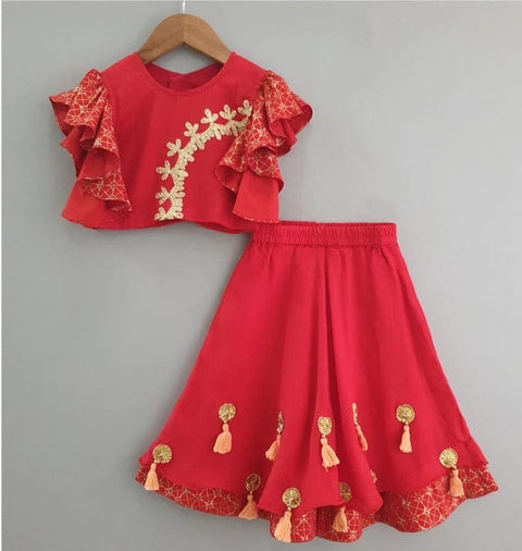 Pre-Order: Red Embroidered Ghagra with Ruffle Sleeves