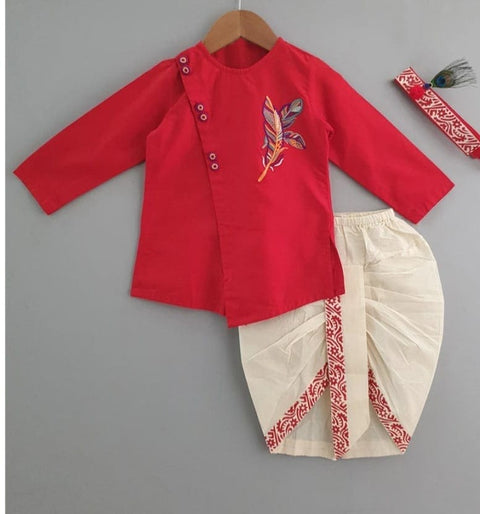 Pre-Order: Red Embroidered Asymmetrical Kurta with Printed Dhoti for Krishna Dress