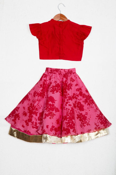 Pre-Order: Yellow Embroidered Sleevless Blouse With Lace And Knot At The Back Floral Printed Ghagara