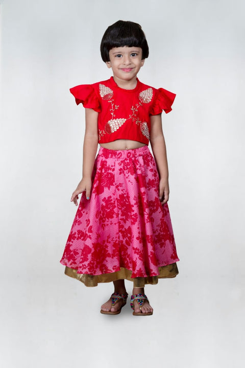 Pre-Order: Yellow Embroidered Sleevless Blouse With Lace And Knot At The Back Floral Printed Ghagara