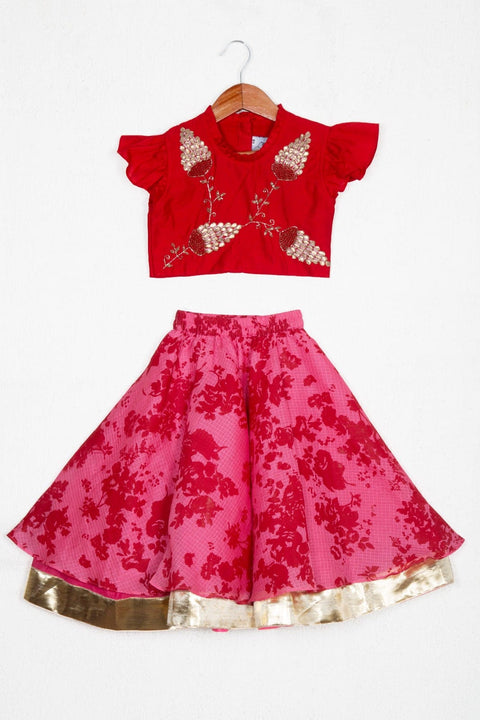 Pre-Order: Yellow Embroidered Sleevless Blouse With Lace And Knot At The Back Floral Printed Ghagara