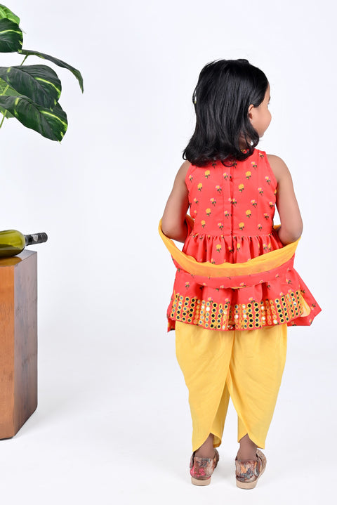 Pre-Order: Red Flower Printed Mirror work Peplum Top with Dhoti Pant Set