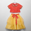 Pre-Order: Red Printed Blouse/Pan Embroidered Collar and Asymmetrical Yellow Ghagra with Printed Belt