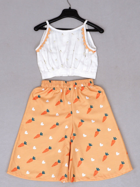 Pre-Order: White Spaghetti Top Orange Carrot Printed Palazo