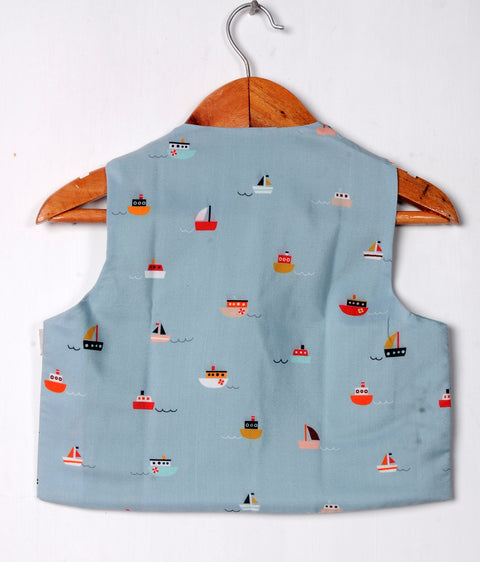Pre-Order: Aqua Blue Boat Printed Waistcoat