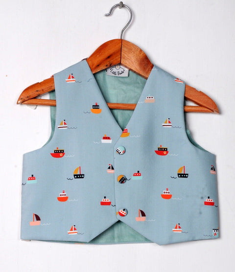 Pre-Order: Aqua Blue Boat Printed Waistcoat