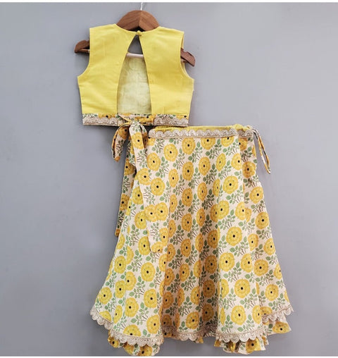 Pre-Order: Yellow Embroidered Blouse with Floral Printed Ghagra