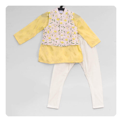 Pre-Order: Yellow Foil Kurta with White heavy embroidered Jacket