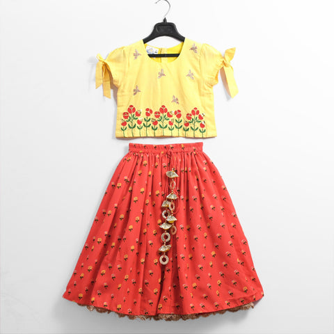Pre-Order: Yellow/Red Embroidered Blouse with Printed Ghagara