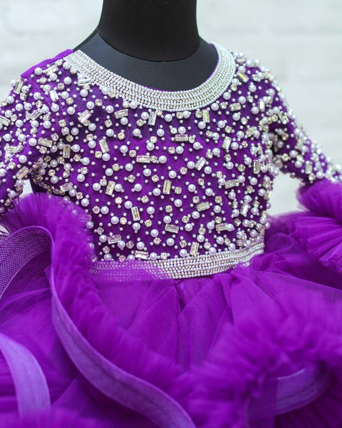 Pre-Order: Purple Net Frilled Fluffy Gown With White Christal & Bead Rich Hand Work