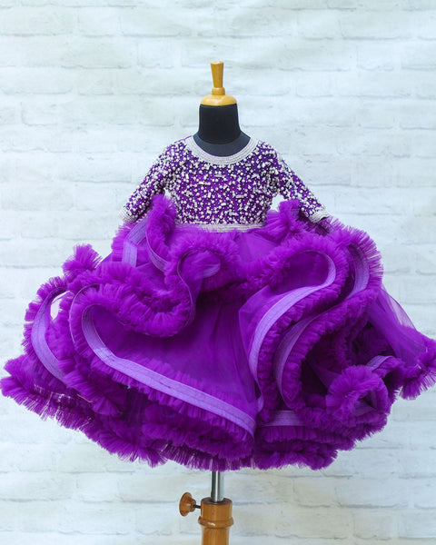 Pre-Order: Purple Net Frilled Fluffy Gown With White Christal & Bead Rich Hand Work
