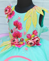 Pre-Order: Pale Aqua Blue Twirled Gown With Pink And Yellow Hand-Crafted Flower And Detailing