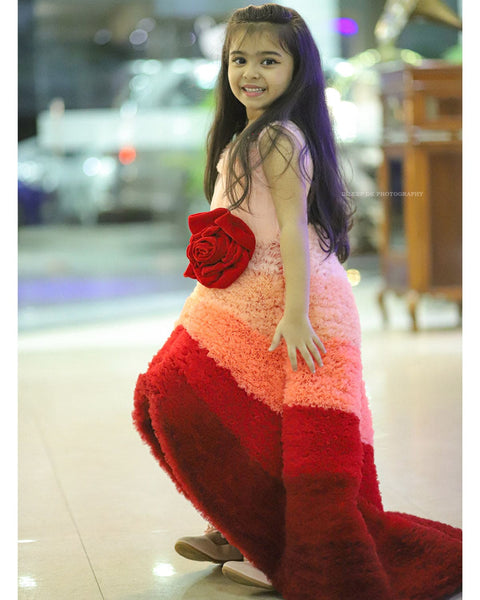 Pre-Order: Peach And Red Combo Tiny Flouncy Frilled High-Low Gown