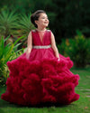 Pre-Order: Classic Wine Red Cloudy Frilled Gown With Handcrafted Beaded Waistline