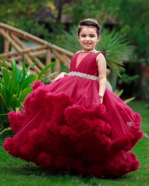 Pre-Order: Classic Wine Red Cloudy Frilled Gown With Handcrafted Beaded Waistline