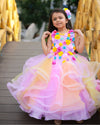 Pre-Order: Multicolour Twirled Gown With Handcrafted Flowers
