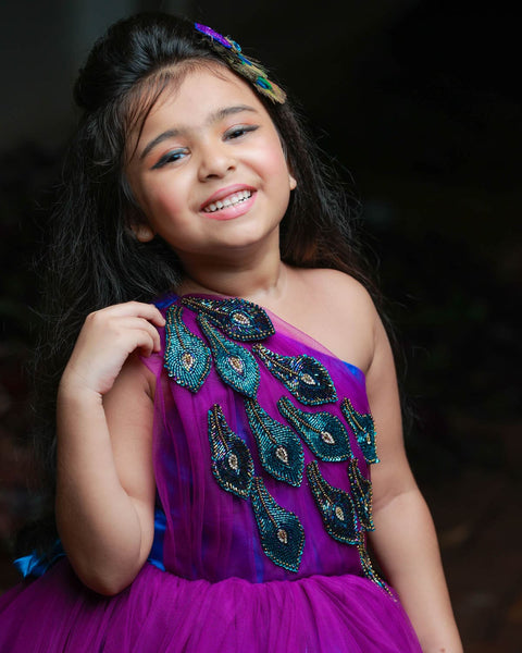 Pre-Order: Violet And Sea Blue Gown With Bead Work Peacock Feathers