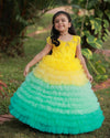 Pre-Order: Yellow And Aqua Blue Layered Gown With Handcrafted Yoke