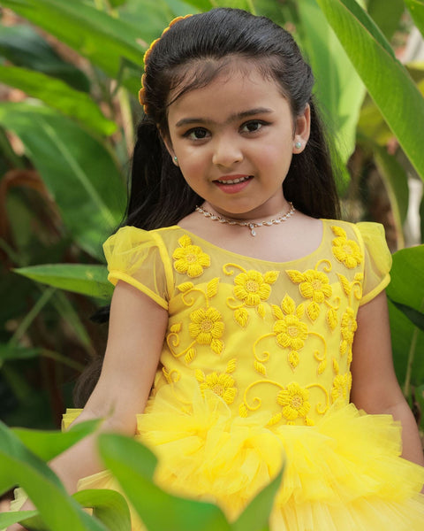 Pre-Order: Yellow And Aqua Blue Layered Gown With Handcrafted Yoke